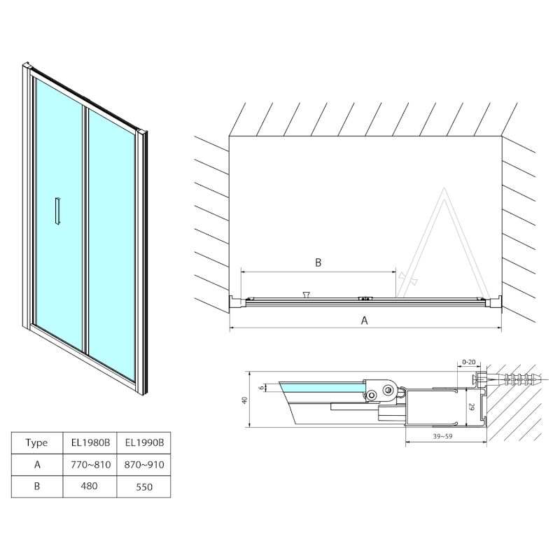 EASY BLACK sprchové dveře skládací 900mm, čiré sklo EL1990B