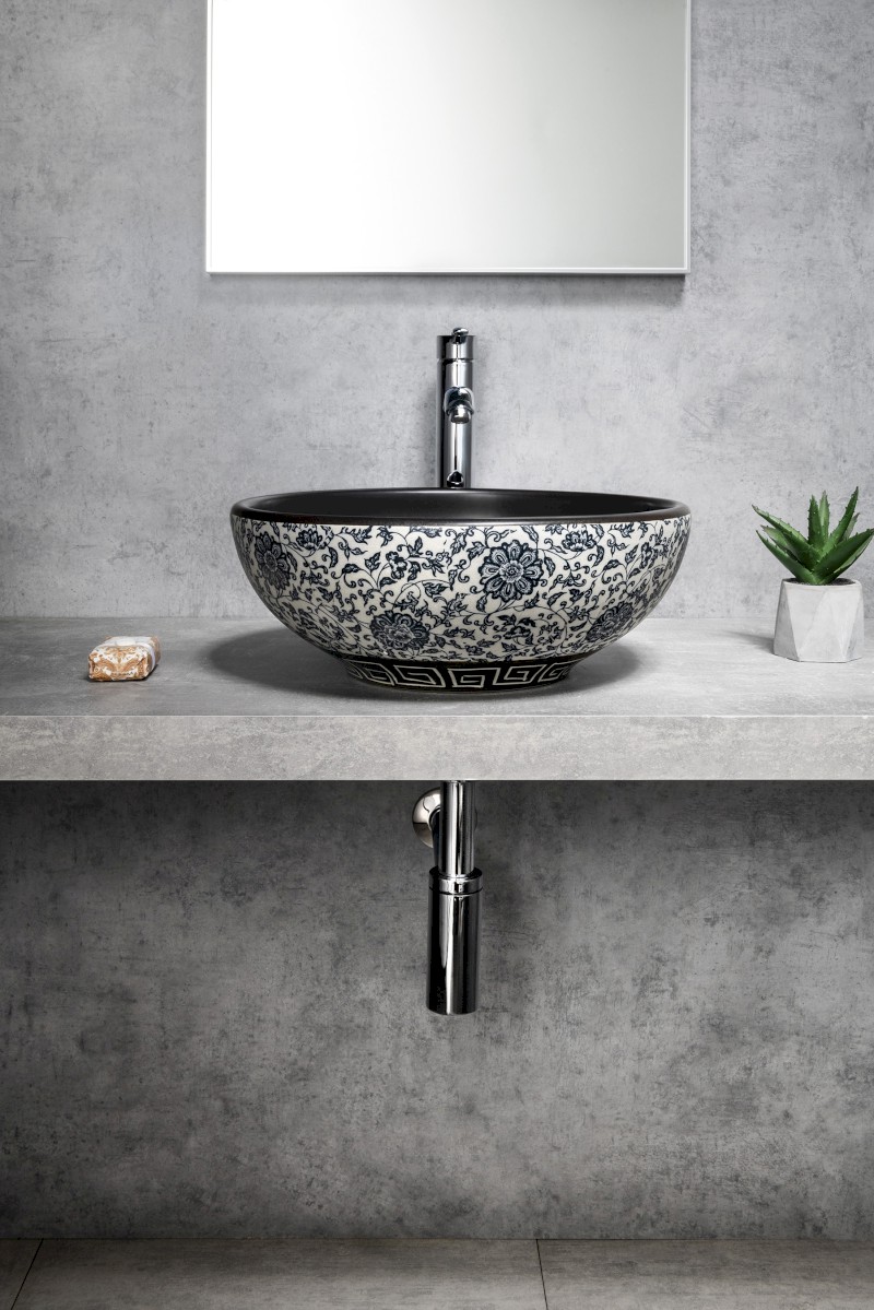 PRIORI keramické umyvadlo na desku, Ø 41cm, černá s modrým vzorem PI034