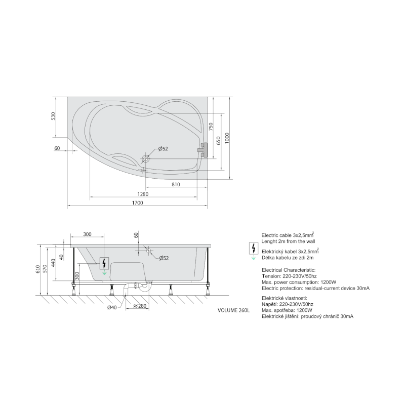 MAMBA R hydromasážní vana, 170x100x44cm, Attraction Hydro, chrom 77111.3010