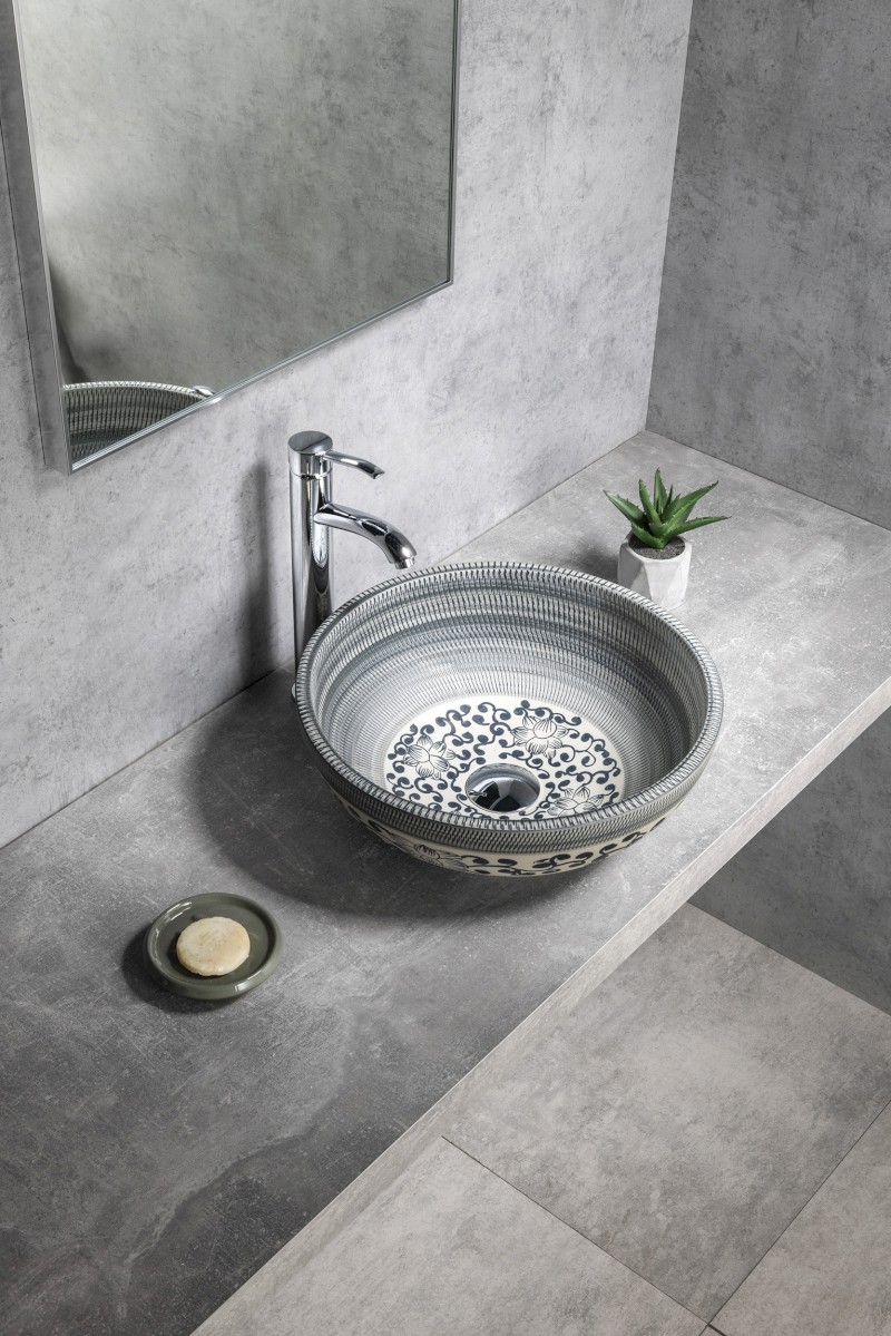 PRIORI keramické umyvadlo na desku, Ø 41 cm, modrá se vzorem PI036