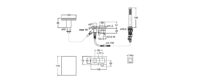 QM tříprvková baterie na okraj vany, Follow me, chrom QM18051