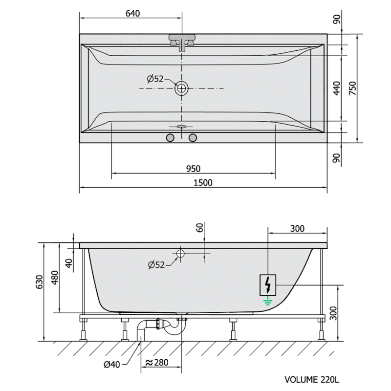 CLEO hydromasážní vana, 150x75x48cm, Active Hydro-Air, chrom 27611.2010