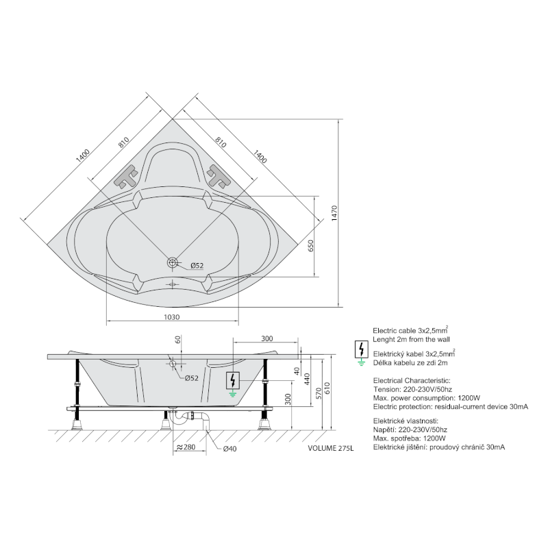 SIMONA hydromasážní vana, 140x140x44cm, Highline Hydro-Air, chrom 96111.6010