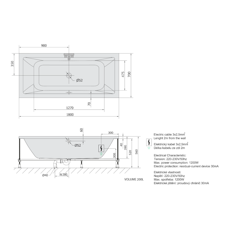 KRYSTA hydromasážní vana, 180x70x39cm, Attraction Hydro, chrom 72906.3010