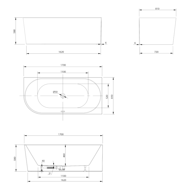 TIBERA R rohová stojící vana, 170x80cm, bílá E1015