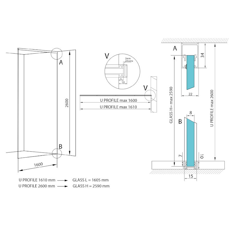 ARCHITEX sada pro neviditelné uchycení skla, podlaha-stěna-strop, 1610x2600mm, leštěný hliník AL2616