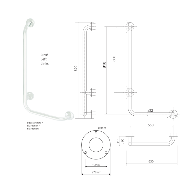 HANDICAP nástěnné madlo LEVÉ 810x550mm, bílá XH522W