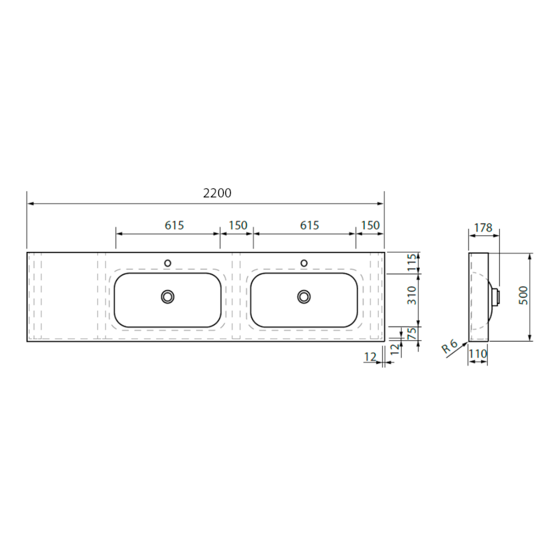 EMICO dvojumyvadlo, Rockstone, 220x50cm, límec L, pravé, bílá mat EM220-B2R-L