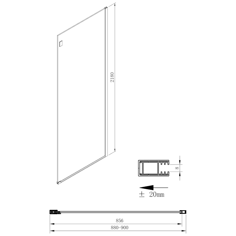 VOLCANO BLACK boční stěna 900 mm, čiré sklo GV3490