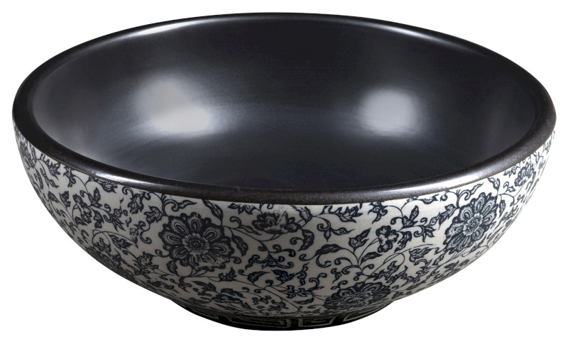 PRIORI keramické umyvadlo na desku, Ø 41cm, černá s modrým vzorem PI034