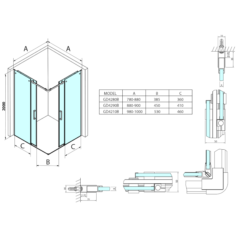 DRAGON BLACK sprchové posuvné dveře rohový vstup 1000mm, čiré sklo GD4210B