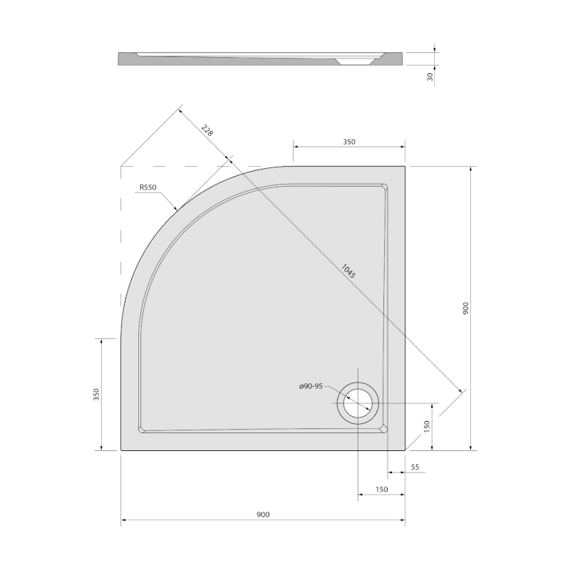 SERA sprchová vanička z litého mramoru, čtvrtkruh 90x90cm, R550, bílá 41511