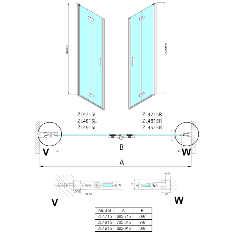 ZOOM sprchové dveře skládací 800mm, čiré sklo, levé ZL4815L