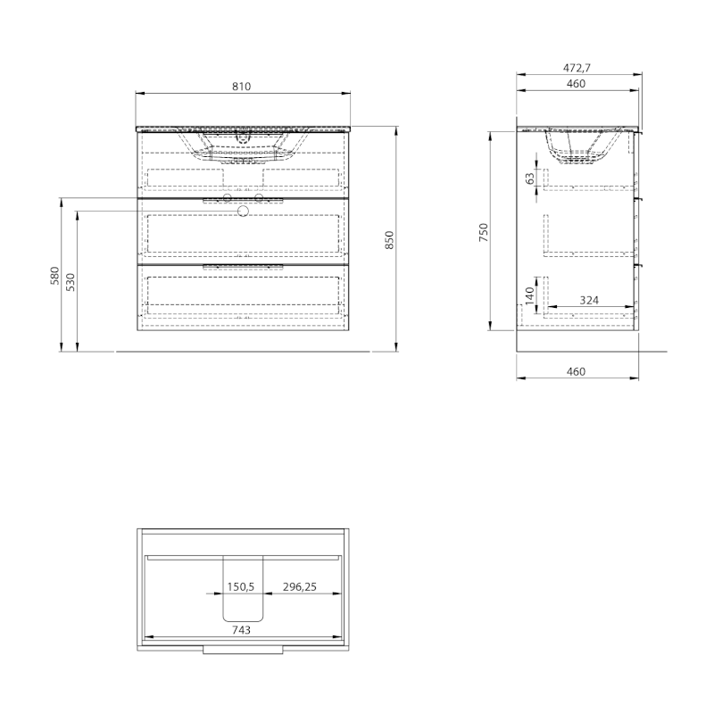 CIRASA umyvadlová skříňka 79,8x75x46cm, 3x zásuvka, dub stříbrný CR831-1111