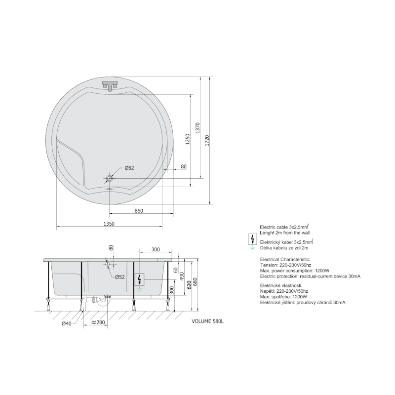 ROYAL ROUND hydromasážní vana, 172x172x49cm, Attraction Hydro-Air, chrom 73211.4010