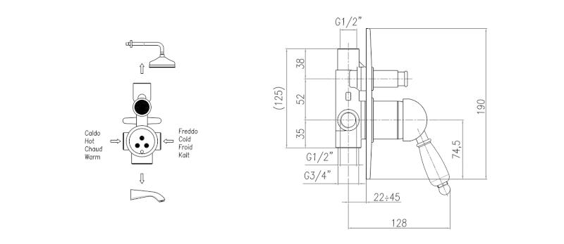 KIRKÉ BLACK podomítková sprchová baterie, 2 výstupy, černá páčka, bronz KI42NB