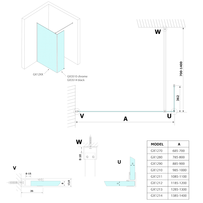 VARIO přídavný panel 350mm, čiré sklo, chrom GX3510