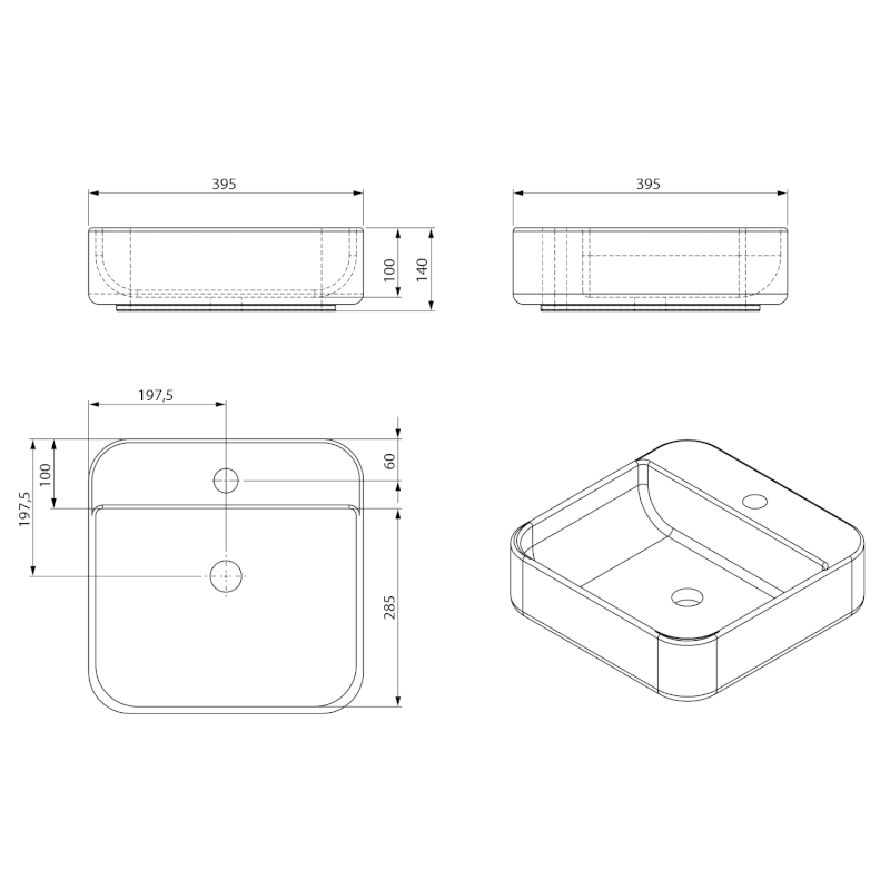 MOLVENO keramické umyvadlo na desku, 39,5x39,5 cm, bílá AR453