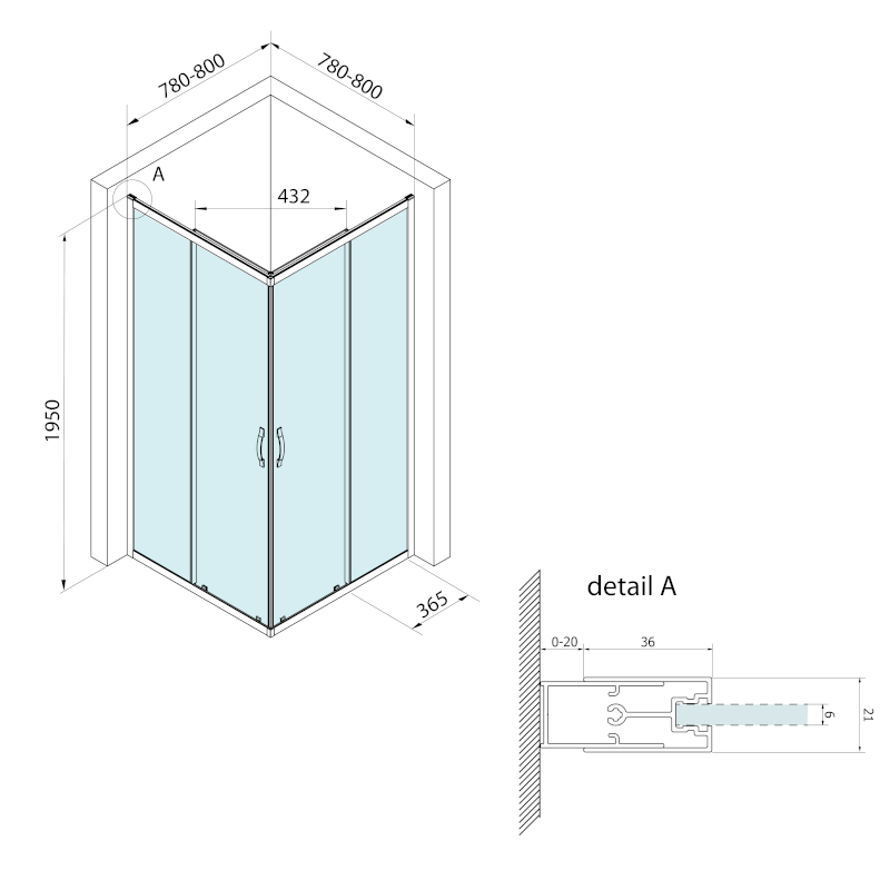 BORG čtvercová sprchová zástěna 800x800x1950 mm, čiré sklo 751.180.1