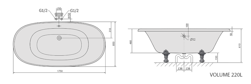 REGATA volně stojící vana 175x85x61cm, nohy chrom mat, černá/bílá 10251