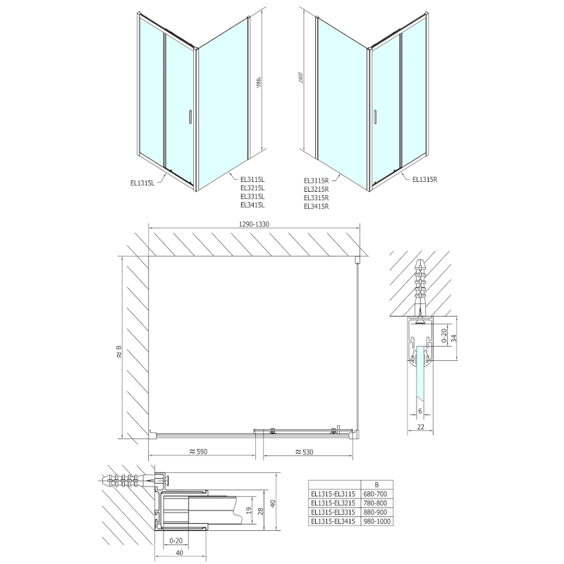 EASY sprchové dveře 1300mm, čiré sklo EL1315