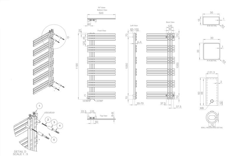 VISTA otopné těleso 500x1190 mm, nerez mat NR613