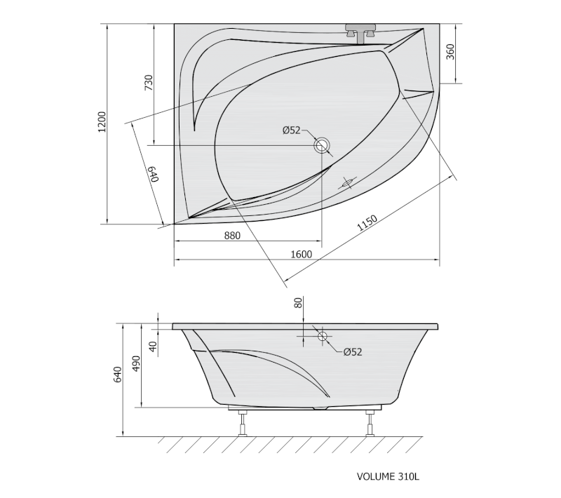 TANYA L asymetrická vana s konstrukcí 160x120x49cm, bílá 65219
