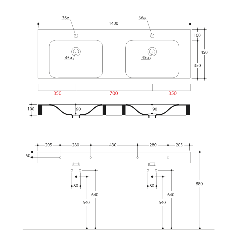 CENTO keramické dvojumyvadlo 140x45cm, bílá 353601