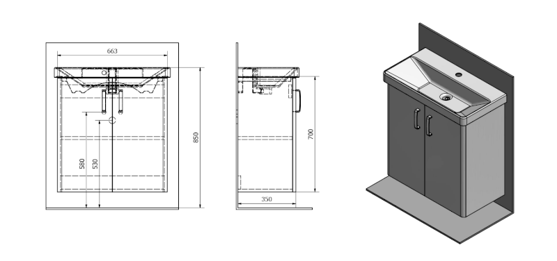 THEIA umyvadlová skříňka 66,3x70x35cm, 2x dvířka, bílá TH072-3030