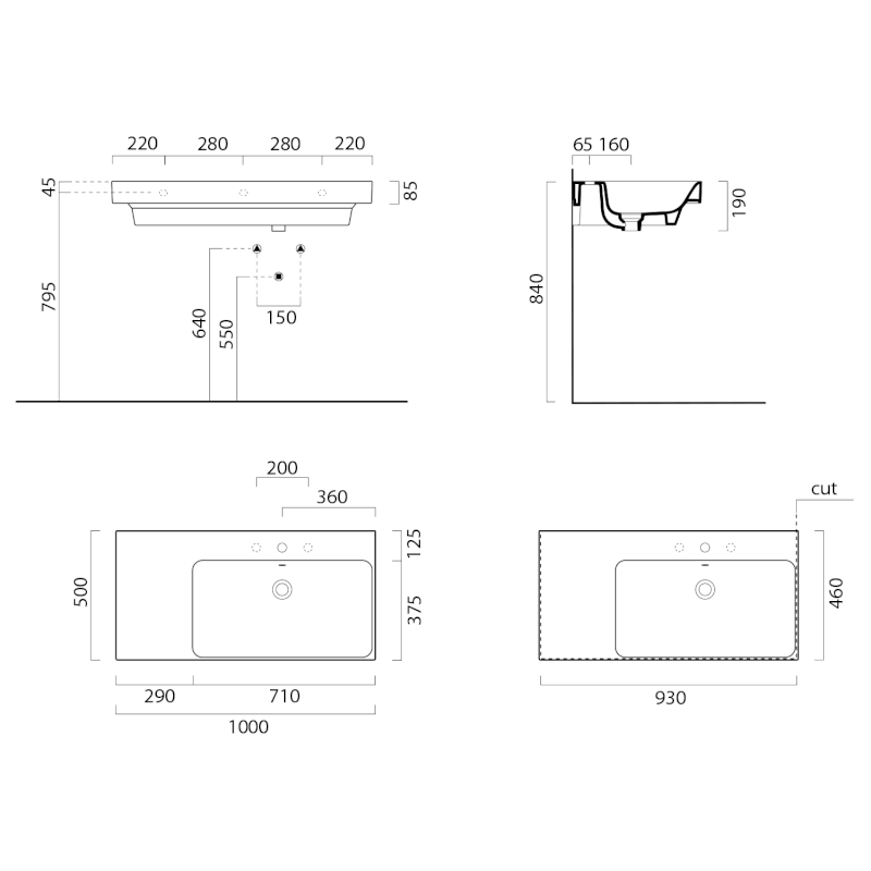 NUBES keramické umyvadlo 100x50cm, s odkládací plochou vlevo, černá mat 9628126