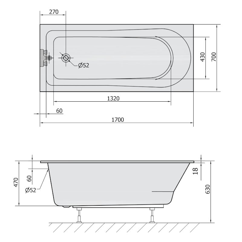 LISA SLIM obdélníková vana 170x70x47cm, bílá 87111S