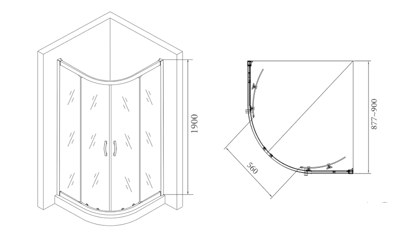 AKCE čtvrtkruhová sprchová zástěna 900x900x1900mm, čiré sklo AG4290