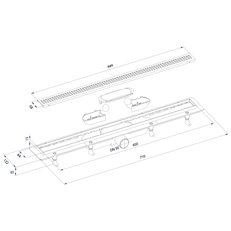INDY podlahový žlab s nerezovým roštem, L-710, DN50 73641