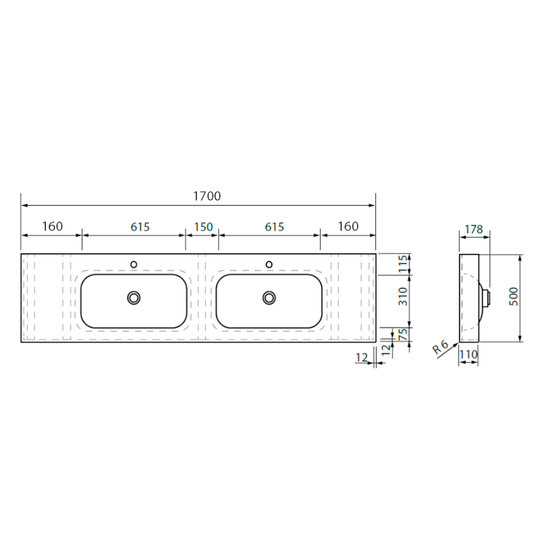 EMICO dvojumyvadlo, Rockstone, 170x50cm, límec L, bílá mat EM170-B2M-L