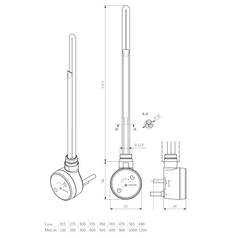 MOA topná tyč s termostatem a wifi, 400 W, zlato mat MOA-G-400