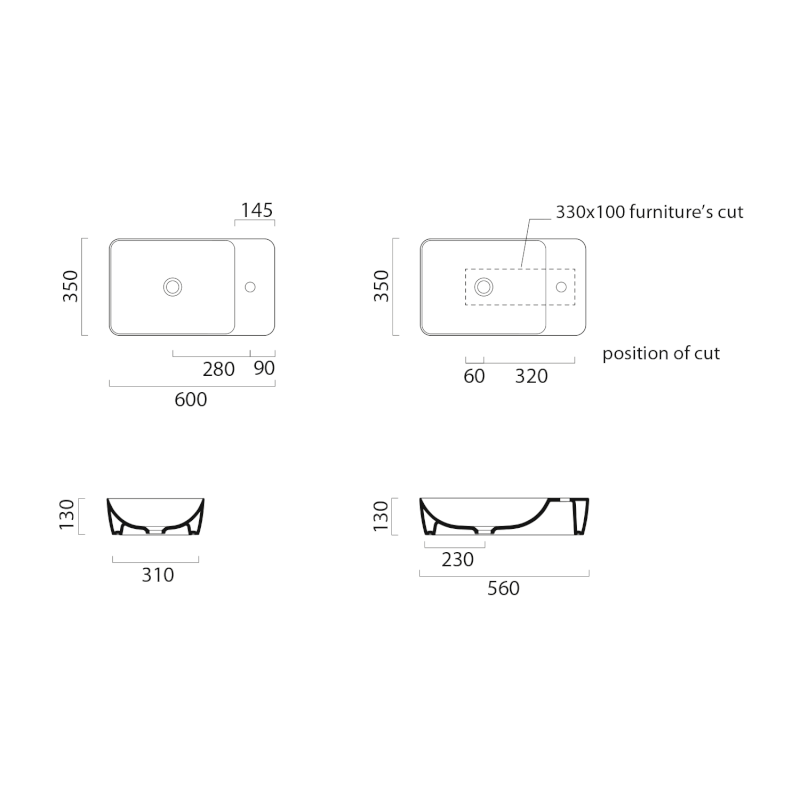 MODO keramické umyvadlo na desku 60x35cm, bez otvoru, bílá ExtraGlaze 9883011