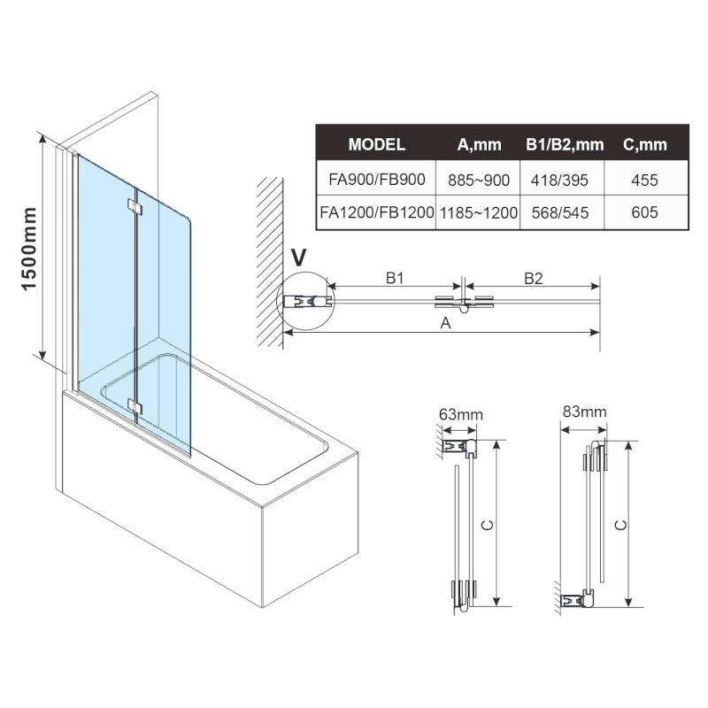 ROTA BLACK vanová zástěna skládací 1200mm, čiré sklo FB120