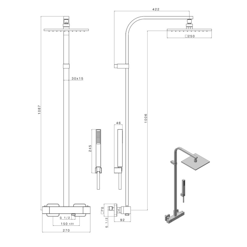 DIMY sprchový sloup s termostatickou baterií, černá mat DM322BL