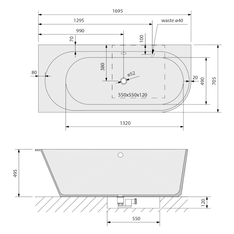 SUSSI L rohová stojící vana, litý mramor 170x70x49,5cm, bílá 90177L