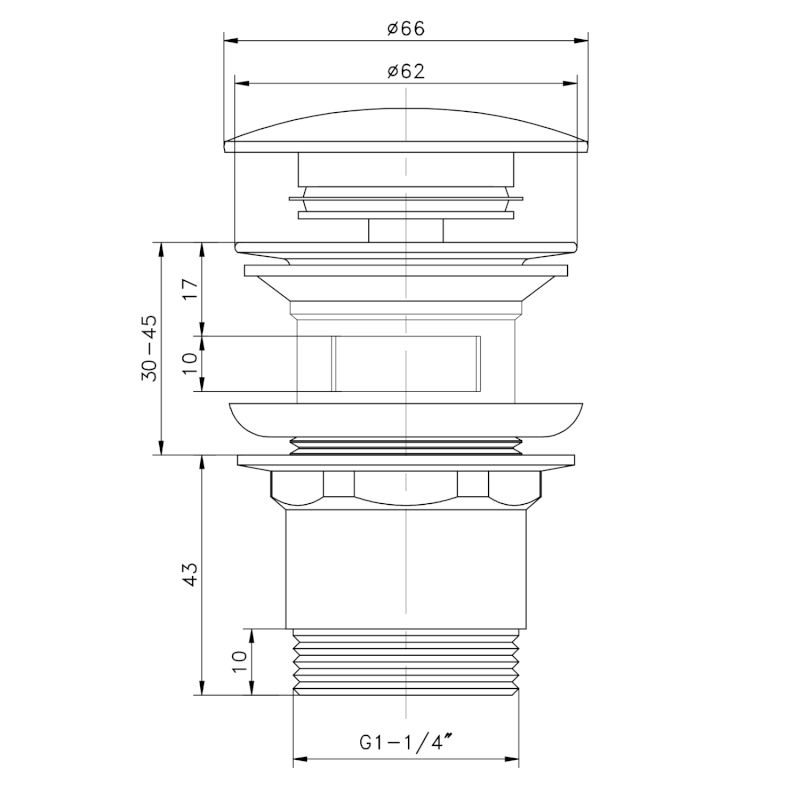 Umyvadlová výpust 5/4“, click-clack, velká zátka, 30-45mm, tmavý bronz TF7001A