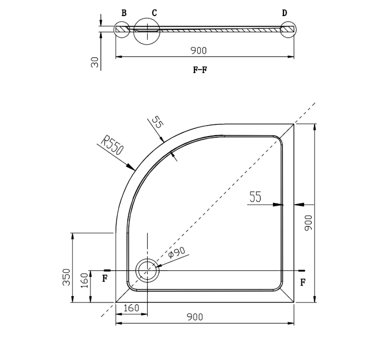 AKCE čtvrtkruhová sprchová zástěna 900x900x1900mm, čiré sklo AG4290