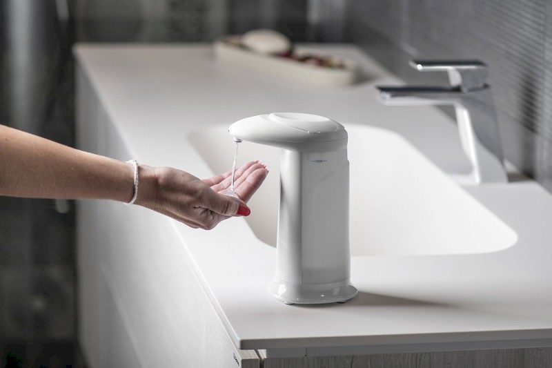 Bezdotykový dávkovač mýdla na postavení, 350ml, 83x196x135mm, ABS/bílá 08131