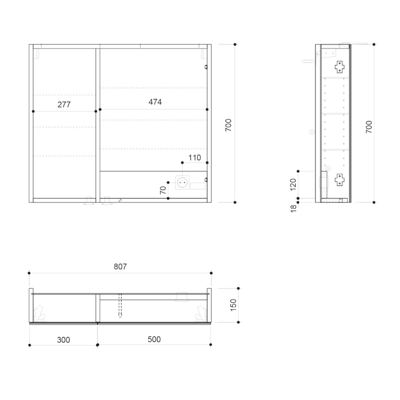 LINEX galerka s LED osvětlením, 80x70x15cm, jilm bardini LX080-0013