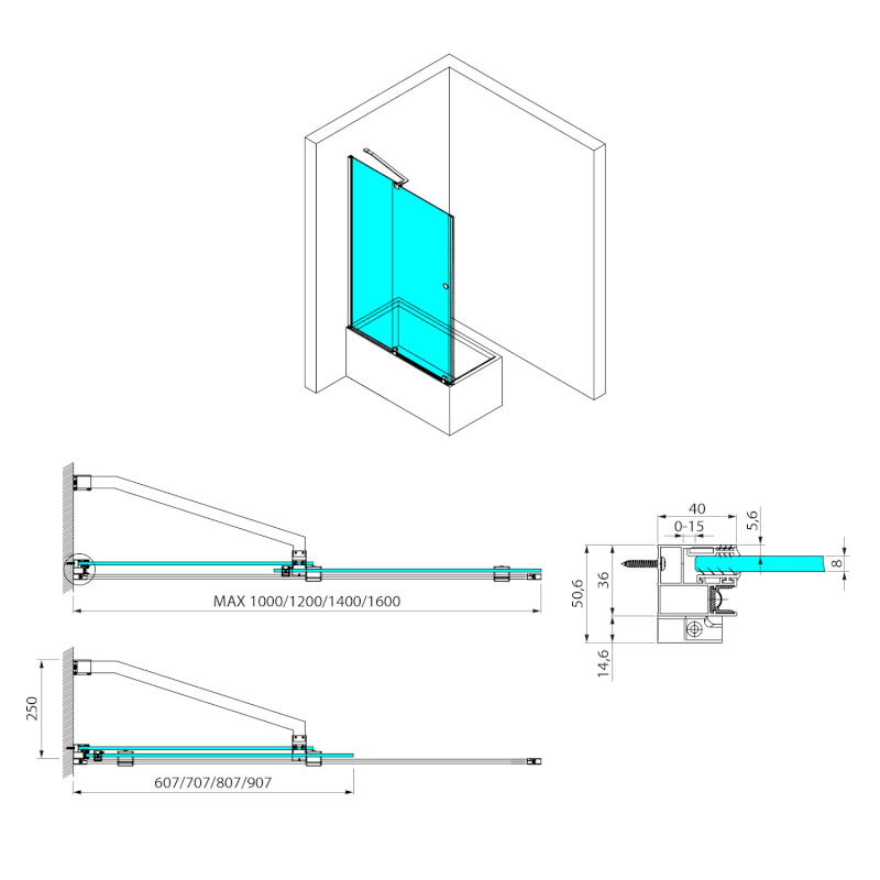 ROLLS BLACK vanová zástěna 1000x1500mm, čiré sklo BS-R100B