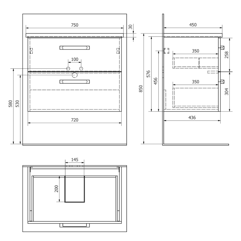 VEGA umyvadlová skříňka 72x57,6x43,6cm, 2x zásuvka, bílá VG073