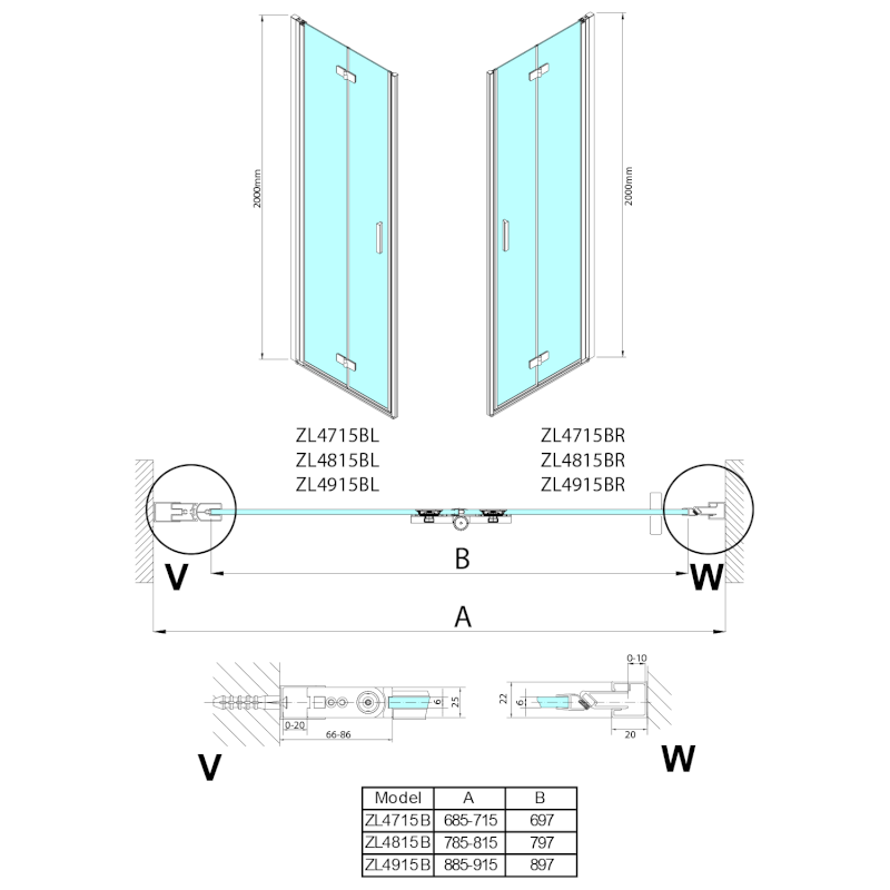 ZOOM BLACK sprchové dveře skládací 900mm, čiré sklo, levé ZL4915BL