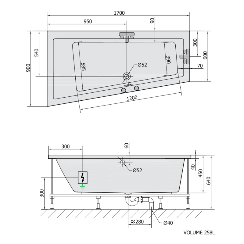 ANDRA L hydromasážní vana, 170x90x45cm, Active Hydro, chrom 81111.1010
