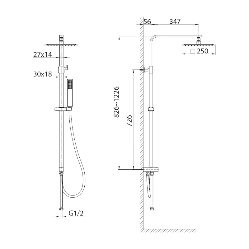 Sprchový sloup k napojení na baterii, hlavová, ruční sprcha, chrom 1202-29