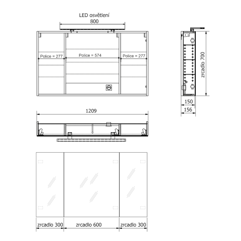 MIRRÓ galerka s LED osvětlením, 3x dvířka, 120x70x16cm, dub stříbrný MC121-0011