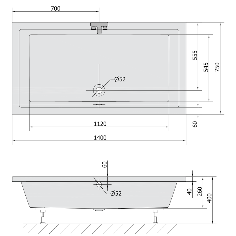 DEEP hluboká sprchová vanička s konstrukcí, obdélník 140x75x26cm, bílá 72948